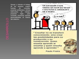Apoyar y orientar el trabajo
de los equipos; sugerir
fuentes de consulta;
propiciar ambientes y climas
adecuados de trabajo;
proponer ligas para
consulta; promover tutorías
personalizadas al interior
del colectivo.
 