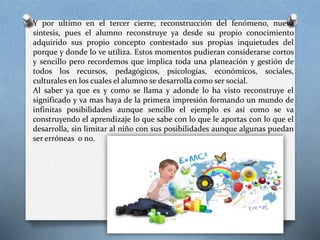 Y por ultimo en el tercer cierre; reconstrucción del fenómeno, nueva
síntesis, pues el alumno reconstruye ya desde su propio conocimiento
adquirido sus propio concepto contestado sus propias inquietudes del
porque y donde lo ve utiliza. Estos momentos pudieran considerarse cortos
y sencillo pero recordemos que implica toda una planeación y gestión de
todos los recursos, pedagógicos, psicologías, económicos, sociales,
culturales en los cuales el alumno se desarrolla como ser social.
Al saber ya que es y como se llama y adonde lo ha visto reconstruye el
significado y va mas haya de la primera impresión formando un mundo de
infinitas posibilidades aunque sencillo el ejemplo es así como se va
construyendo el aprendizaje lo que sabe con lo que le aportas con lo que el
desarrolla, sin limitar al niño con sus posibilidades aunque algunas puedan
ser erróneas o no.
 