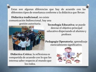 Estas son algunas diferencias que hay de acuerdo con las
diferentes tipos de enseñanza conforme a la didáctica que llevan:
Didáctica tradicional; no existe
comunicación bidireccional, hay una
gestión autoritaria. Tecnología Educativa; se puede
desviar el objetivo principal
educativo dispersando al alumno y
profesor.
Pedagogía Operatoria; aprendizaje
esencialmente significativo.
Didáctica Crítica; la reflexiona es
compartida de acuerdo con lo que les
interesa saber respecto al mundo que
los rodea.
 
