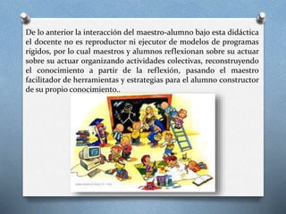 De lo anterior la interacción del maestro-alumno bajo esta didáctica
el docente no es reproductor ni ejecutor de modelos de programas
rígidos, por lo cual maestros y alumnos reflexionan sobre su actuar
sobre su actuar organizando actividades colectivas, reconstruyendo
el conocimiento a partir de la reflexión, pasando el maestro
facilitador de herramientas y estrategias para el alumno constructor
de su propio conocimiento..
 