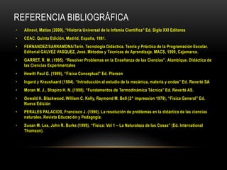 REFERENCIA BIBLIOGRÁFICA
• Alinovi, Matías (2009), “Historia Universal de la Infamia Científica” Ed. Siglo XXI Editores
• CEAC. Quinta Edición, Madrid, España, 1981.
• FERNANDEZ/SARRAMONA/Tarín. Tecnología Didáctica. Teoría y Práctica de la Programación Escolar.
Editorial GALVEZ VASQUEZ, José. Métodos y Técnicas de Aprendizaje. MACS, 1999, Cajamarca.
• GARRET, R. M. (1995). “Resolver Problemas en la Enseñanza de las Ciencias”. AIambique. Didáctica de
las Ciencias Experimentales
• Hewitt Paul G. (1999), “Física Conceptual” Ed. Plarson
• Ingard y Kraushaard (1984). “Introducción al estudio de la mecánica, materia y ondas” Ed. Reverté SA
• Moran M. J., Shapiro H. N. (1998), “Fundamentos de Termodinámica Técnica” Ed. Reverté AS.
• Oswald H. Blackwood, William C. Kelly, Raymond M. Bell (2° impression 1979), “Física General” Ed.
Nueva Edición
• PERALES PALACIOS, Francisco J. (1990). La resolución de problemas en la didáctica de las ciencias
naturales. Revista Educación y Pedagogía.
• Susan M. Lea, John R. Burke (1999), “Física: Vol 1 – La Naturaleza de las Cosas” (Ed. International
Thomson).
 