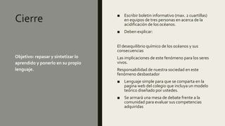 Cierre ■ Escribir boletin informativo (max. 2 cuartillas)
en equipos de tres personas en acerca de la
acidificación de los océanos.
■ Deben explicar:
El desequilibrio químico de los océanos y sus
consecuencias
Las implicaciones de este fenómeno para los seres
vivos.
Responsabilidad de nuestra sociedad en este
fenómeno desbastador
■ Lenguaje simple para que se comparta en la
pagina web del colegio que incluya un modelo
teórico diseñado por ustedes.
■ Se armará una mesa de debate frente a la
comunidad para evaluar sus competencias
adquiridas
Objetivo: repasar y sintetizar lo
aprendido y ponerlo en su propio
lenguaje.
 
