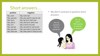 Short answers…
positive negative
Yes, I am
Yes, you are
Yes, he is
Yes, she is
Yes, it is
Yes, we are
Yes, you are
Yes, they are
No, I am not
No, you aren’t / you’re not
No, he isn’t / he’s not
No, she isn’t / she’s not
No, it isn’t / it’s not
No, we aren’t / we’re not
No, you aren’t / you’re not
No, they aren’t / they’re not
• We don’t contract in positive short
answers
Are we
going to
visit my
grandma?
No, we
aren’t.
We’re going
to visit her
at weekend
 