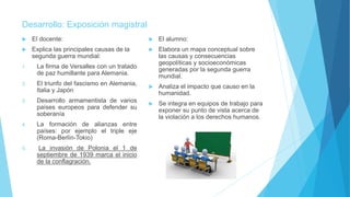 Desarrollo: Exposición magistral
 El docente:
 Explica las principales causas de la
segunda guerra mundial:
1. La firma de Versalles con un tratado
de paz humillante para Alemania.
2. El triunfo del fascismo en Alemania,
Italia y Japón
3. Desarrollo armamentista de varios
países europeos para defender su
soberanía
4. La formación de alianzas entre
países: por ejemplo el triple eje
(Roma-Berlín-Tokio)
5. La invasión de Polonia el 1 de
septiembre de 1939 marca el inicio
de la conflagración.
 El alumno:
 Elabora un mapa conceptual sobre
las causas y consecuencias
geopolíticas y socioeconómicas
generadas por la segunda guerra
mundial.
 Analiza el impacto que causo en la
humanidad.
 Se integra en equipos de trabajo para
exponer su punto de vista acerca de
la violación a los derechos humanos.
 