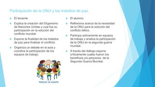 Participación de la ONU y los tratados de paz.
 El docente
 Explica la creación del Organismo
de Naciones Unidas y cual fue su
participación en la solución del
conflicto mundial.
 Expone la finalidad de los tratados
de paz para finalizar el conflicto.
 Organiza un debate en el aula y
coordina la participación de los
equipos de trabajo.
 El alumno:
 Reflexiona acerca de la necesidad
de la ONU para la solución del
conflicto bélico.
 Participa activamente en equipos
de trabajo y analiza la participación
de la ONU en la segunda guerra
mundial.
 A través del diálogo expone
críticamente cuales fueron los
beneficios y/o perjuicios de la
Segunda Guerra Mundial.
 