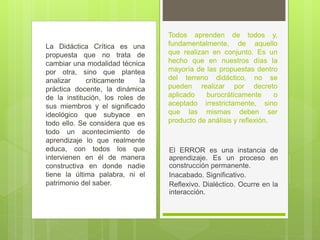 La Didáctica Crítica es una
propuesta que no trata de
cambiar una modalidad técnica
por otra, sino que plantea
analizar críticamente la
práctica docente, la dinámica
de la institución, los roles de
sus miembros y el significado
ideológico que subyace en
todo ello. Se considera que es
todo un acontecimiento de
aprendizaje lo que realmente
educa, con todos los que
intervienen en él de manera
constructiva en donde nadie
tiene la última palabra, ni el
patrimonio del saber.
Todos aprenden de todos y,
fundamentalmente, de aquello
que realizan en conjunto. Es un
hecho que en nuestros días la
mayoría de las propuestas dentro
del terreno didáctico, no se
pueden realizar por decreto
aplicado burocráticamente o
aceptado irrestrictamente, sino
que las mismas deben ser
producto de análisis y reflexión.
El ERROR es una instancia de
aprendizaje. Es un proceso en
construcción permanente.
Inacabado. Significativo.
Reflexivo. Dialéctico. Ocurre en la
interacción.
 