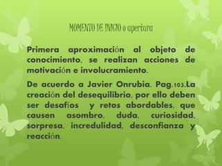 MOMENTO DE INICIO o apertura
Primera aproximación al objeto de
conocimiento, se realizan acciones de
motivación e involucramiento.
De acuerdo a Javier Onrubia. Pag.103.La
creación del desequilibrio, por ello deben
ser desafíos y retos abordables, que
causen asombro, duda, curiosidad,
sorpresa, incredulidad, desconfianza y
reacción.
 