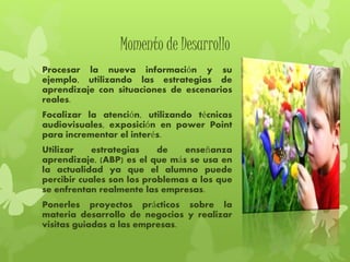 Momento de Desarrollo
Procesar la nueva información y su
ejemplo, utilizando las estrategias de
aprendizaje con situaciones de escenarios
reales.
Focalizar la atención, utilizando técnicas
audiovisuales, exposición en power Point
para incrementar el interés.
Utilizar estrategias de enseñanza
aprendizaje, (ABP) es el que más se usa en
la actualidad ya que el alumno puede
percibir cuales son los problemas a los que
se enfrentan realmente las empresas.
Ponerles proyectos prácticos sobre la
materia desarrollo de negocios y realizar
visitas guiadas a las empresas.
 