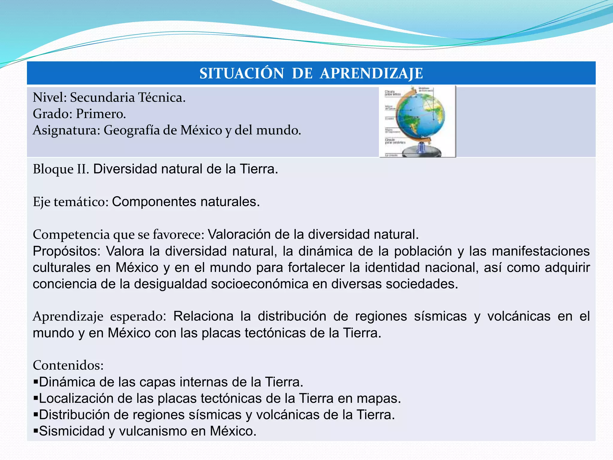 SITUACIÓN DE APRENDIZAJE
Nivel: Secundaria Técnica.
Grado: Primero.
Asignatura: Geografía de México y del mundo.
Bloque II. Diversidad natural de la Tierra.
Eje temático: Componentes naturales.
Competencia que se favorece: Valoración de la diversidad natural.
Propósitos: Valora la diversidad natural, la dinámica de la población y las manifestaciones
culturales en México y en el mundo para fortalecer la identidad nacional, así como adquirir
conciencia de la desigualdad socioeconómica en diversas sociedades.
Aprendizaje esperado: Relaciona la distribución de regiones sísmicas y volcánicas en el
mundo y en México con las placas tectónicas de la Tierra.
Contenidos:
Dinámica de las capas internas de la Tierra.
Localización de las placas tectónicas de la Tierra en mapas.
Distribución de regiones sísmicas y volcánicas de la Tierra.
Sismicidad y vulcanismo en México.
 