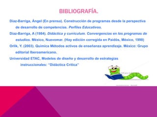 BIBLIOGRAFÍA.
Díaz-Barriga, Ángel (En prensa). Construcción de programas desde la perspectiva
de desarrollo de competencias. Perfiles Educativos.
Díaz-Barriga, A (1984). Didáctica y curriculum. Convergencias en los programas de
estudios. México, Nuevomar. (Hay edición corregida en Paidós, México, 1998)
Orlik, Y. (2003). Química Métodos activos de enseñanza aprendizaje. México: Grupo
editorial Iberoamericano.
Universidad ETAC, Modelos de diseño y desarrollo de estrategias
instruccionales: “Didáctica Crítica”
 