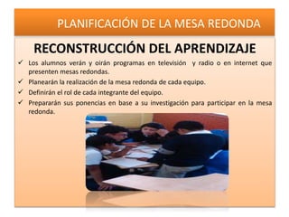 PLANIFICACIÓN DE LA MESA REDONDA
RECONSTRUCCIÓN DEL APRENDIZAJE
 Los alumnos verán y oirán programas en televisión y radio o en internet que
presenten mesas redondas.
 Planearán la realización de la mesa redonda de cada equipo.
 Definirán el rol de cada integrante del equipo.
 Prepararán sus ponencias en base a su investigación para participar en la mesa
redonda.
 