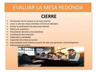 EVALUAR LA MESA REDONDA
CIERRE
 Participación de los equipos en la mesa redonda
 Llevar a cabo las mesas redondas conforme al calendario
 Evaluar la participación de cada mesa redonda
 Rúbrica de evaluación:
 Presentación del tema y los expositores
 Coordinación de la discusión
 Objetividad y parcialidad
 Capacidad de síntesis al concluir
 Argumentación para sostener su punto de vista, sus opiniones o recomendaciones
 Participación del público
 