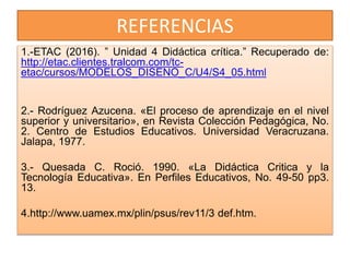 REFERENCIAS
1.-ETAC (2016). ” Unidad 4 Didáctica crítica.” Recuperado de:
http://etac.clientes.tralcom.com/tc-
etac/cursos/MODELOS_DISENO_C/U4/S4_05.html
2.- Rodríguez Azucena. «El proceso de aprendizaje en el nivel
superior y universitario», en Revista Colección Pedagógica, No.
2. Centro de Estudios Educativos. Universidad Veracruzana.
Jalapa, 1977.
3.- Quesada C. Roció. 1990. «La Didáctica Critica y la
Tecnología Educativa». En Perfiles Educativos, No. 49-50 pp3.
13.
4.http://www.uamex.mx/plin/psus/rev11/3 def.htm.
 
