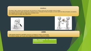 DESARROLLO
-El profesor vigila y asesora a los alumnos para que terminen en tiempo y forma así como también revisa el trabajo.
-En la primera sesión del trabajo únicamente se realizara lectura y subrayado de ideas principales, así como reporte de ideas principales y secundarias.
-En la segunda y tercera sesión se trabaja sobre el periódico mural.
-En la cuarta sesión se trabaja sobre exposiciones.
CIERRRE
-Cada equipo presenta su periódico mural en un tiempo no mayor a 10 minutos.
- Se evalúa al equipo, por lo que cada integrante presenta su respectivo trabajo.
FORMA CUALITATIVA DE EVALUACION:
PERIODICO MURAL
 