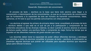Desarrollo: Elaboración del conocimiento
Campus Virtual
Modelos de Diseño y Desarrollo de Estrategias Institucionales
El proceso de lecto – escritura es la base que tiene todo alumno para llegar a la
comprensión e interiorización de los conocimientos, ya que es un instrumento de comunicación
que da fundamento a la capacidad de todo ser humano de transmitir conocimientos, ideas,
opiniones, en fin todo lo que nos permita comunicarnos con otras personas.
Los alumnos al egresar de primero de primaria deben tener consolidado el proceso de lecto
– escritura debido a que este es el que da pie a la participación y comprensión de los
contenidos educativos de las diversas materias, es decir cuando el alumno alcanza el proceso
de lectura puede realizar una escritura fluida y comprende de mejor forma los temas que se
imparten en las diferentes materias del grado escolar que cursa.
Los docentes deben tener la capacidad de poder utilizar diferentes técnicas y estrategia
que permitan a todos los alumnos consolidar el proceso de lecto – escritura, a continuación se
presentan algunas técnicas que podrán ser utilizadas para aquellos alumnos que requieren
apoyo para reforzar la lectura.
 