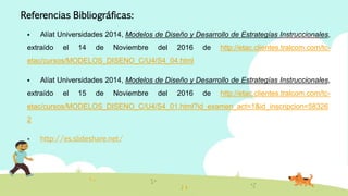 Referencias Bibliográficas:
 Alíat Universidades 2014, Modelos de Diseño y Desarrollo de Estrategías Instruccionales,
extraído el 14 de Noviembre del 2016 de http://etac.clientes.tralcom.com/tc-
etac/cursos/MODELOS_DISENO_C/U4/S4_04.html
 Alíat Universidades 2014, Modelos de Diseño y Desarrollo de Estrategías Instruccionales,
extraído el 15 de Noviembre del 2016 de http://etac.clientes.tralcom.com/tc-
etac/cursos/MODELOS_DISENO_C/U4/S4_01.html?id_examen_act=1&id_inscripcion=58326
2
 http://es.slideshare.net/
 