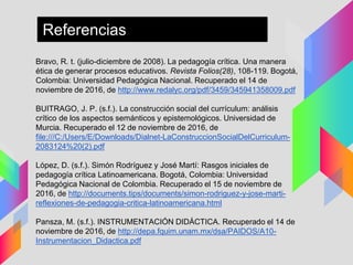 Bravo, R. t. (julio-diciembre de 2008). La pedagogía crítica. Una manera
ética de generar procesos educativos. Revista Folios(28), 108-119. Bogotá,
Colombia: Universidad Pedagógica Nacional. Recuperado el 14 de
noviembre de 2016, de http://www.redalyc.org/pdf/3459/345941358009.pdf
BUITRAGO, J. P. (s.f.). La construcción social del currículum: análisis
crítico de los aspectos semánticos y epistemológicos. Universidad de
Murcia. Recuperado el 12 de noviembre de 2016, de
file:///C:/Users/E/Downloads/Dialnet-LaConstruccionSocialDelCurriculum-
2083124%20(2).pdf
López, D. (s.f.). Simón Rodríguez y José Martí: Rasgos iniciales de
pedagogía crítica Latinoamericana. Bogotá, Colombia: Universidad
Pedagógica Nacional de Colombia. Recuperado el 15 de noviembre de
2016, de http://documents.tips/documents/simon-rodriguez-y-jose-marti-
reflexiones-de-pedagogia-critica-latinoamericana.html
Pansza, M. (s.f.). INSTRUMENTACIÓN DIDÁCTICA. Recuperado el 14 de
noviembre de 2016, de http://depa.fquim.unam.mx/dsa/PAIDOS/A10-
Instrumentacion_Didactica.pdf
Referencias
 