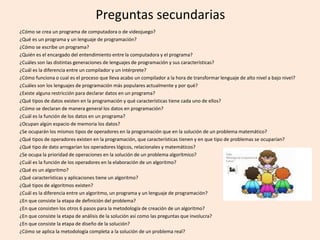 Preguntas secundarias
¿Cómo se crea un programa de computadora o de videojuego?
¿Qué es un programa y un lenguaje de programación?
¿Cómo se escribe un programa?
¿Quién es el encargado del entendimiento entre la computadora y el programa?
¿Cuáles son las distintas generaciones de lenguajes de programación y sus características?
¿Cuál es la diferencia entre un compilador y un intérprete?
¿Cómo funciona o cual es el proceso que lleva acabo un compilador a la hora de transformar lenguaje de alto nivel a bajo nivel?
¿Cuáles son los lenguajes de programación más populares actualmente y por qué?
¿Existe alguna restricción para declarar datos en un programa?
¿Qué tipos de datos existen en la programación y qué características tiene cada uno de ellos?
¿Cómo se declaran de manera general los datos en programación?
¿Cuál es la función de los datos en un programa?
¿Ocupan algún espacio de memoria los datos?
¿Se ocuparán los mismos tipos de operadores en la programación que en la solución de un problema matemático?
¿Qué tipos de operadores existen en la programación, que características tienen y en que tipo de problemas se ocuparían?
¿Qué tipo de dato arrogarían los operadores lógicos, relacionales y matemáticos?
¿Se ocupa la prioridad de operaciones en la solución de un problema algorítmico?
¿Cuál es la función de los operadores en la elaboración de un algoritmo?
¿Qué es un algoritmo?
¿Qué características y aplicaciones tiene un algoritmo?
¿Qué tipos de algoritmos existen?
¿Cuál es la diferencia entre un algoritmo, un programa y un lenguaje de programación?
¿En que consiste la etapa de definición del problema?
¿En que consisten los otros 6 pasos para la metodología de creación de un algoritmo?
¿En que consiste la etapa de análisis de la solución así como las preguntas que involucra?
¿En que consiste la etapa de diseño de la solución?
¿Cómo se aplica la metodología completa a la solución de un problema real?
 