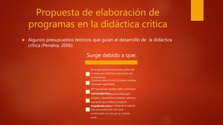 Propuesta de elaboración de
programas en la didáctica crítica
 Algunos presupuestos teóricos que guían el desarrollo de la didáctica
crítica (Penalva, 2006):
Surge debido a que:
Se ha ignorado el componente político del
currículo para reducirse a transmisión de
conocimientos.
Cuestiona sobre el cómo los grupos sociales
construyen significados.
No hay teorías neutras, todo currículum
supone intereses.Este modelo incorpora la crítica para
desvelar y desmitificar intereses, valores y
supuestos que mitifica y oculta el
lenguaje educativo.El significado no es un reflejo de la realidad
sino una construcción del sujeto
condicionado a su vez por su contexto
social
 
