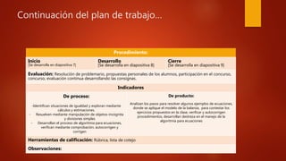 Continuación del plan de trabajo…
Procedimiento:
Inicio
[Se desarrolla en diapositiva 7]
Desarrollo
[Se desarrolla en diapositiva 8]
Cierre
[Se desarrolla en diapositiva 9]
Evaluación: Resolución de problemario, propuestas personales de los alumnos, participación en el concurso,
concurso, evaluación continua desarrollando las consignas.
Indicadores
De proceso:
-Identifican situaciones de igualdad y exploran mediante
cálculos y estimaciones.
- Resuelven mediante manipulación de objetos-incógnita
y divisiones simples
- Desarrollan el proceso de algoritmia para ecuaciones,
verifican mediante comprobación, autocorrigen y
corrigen
De producto:
Analizan los pasos para resolver algunos ejemplos de ecuaciones,
donde se aplique el modelo de la balanza, para contestar los
ejercicios propuestos en la clase, verificar y autocorrigen
procedimientos, desarrollan destreza en el manejo de la
algoritmia para ecuaciones
Herramientas de calificación: Rúbrica, lista de cotejo
Observaciones:
 