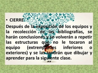• CIERRE
Después de la exposición de los equipos y
la recolección de las bibliografías, se
harán conclusiones y se volverán a repetir
las estructuras que no le tocaron al
equipo (extremidades inferiores o
exteriores) y se las tendrán que dibujar y
aprender para la siguiente clase.
 