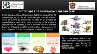 En la didáctica crítica el sentido de hablar de situaciones de
aprendizaje se dan en el hecho de que tanto el maestro
como el alumno se encuentran insertos en un proceso de
aprendizaje y determinar cada momento de la acción a
ejecutar por el docente y por el alumno, de esta manera
hacer un encuadre o match con el objetivo de conservar en
todo momento la línea trazada para el logro de objetivos.
En el proceso didáctico se
debe considerar la selección de
experiencias que lleven al
alumno a operar sobre el
conocimiento.
ACTIVIDADES DE ENSEÑANZA Y APRENDIZAJE
4
 