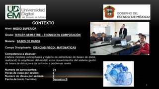 6
CONTEXTO
Nivel: MEDIO SUPERIOR
Grado: TERCER SEMESTRE - TECNICO EN COMPUTACIÓN
Materia: BASES DE DATOS
Campo Disciplinario: CIENCIAS FISCO - MATEMATICAS
Competencia a alcanzar:
Elabora modelos conceptuales y lógicos de estructuras de bases de datos,
realizando la adaptación del modelo a los requerimientos del sistema gestor
de bases de datos para dar solución a problemas reales
Numero de participantes: 34
Horas de clase por sesión: 2
Numero de clases por semana: 2
Fecha de inicio / termino: Semestre B
 