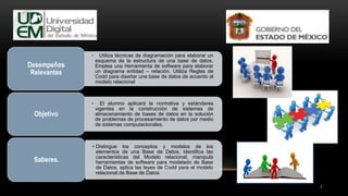 7
• Utiliza técnicas de diagramación para elaborar un
esquema de la estructura de una base de datos.
Emplea una Herramienta de software para elaborar
un diagrama entidad – relación. Utiliza Reglas de
Codd para diseñar una base de datos de acuerdo al
modelo relacional
Desempeños
Relevantes
• El alumno aplicará la normativa y estándares
vigentes en la construcción de sistemas de
almacenamiento de bases de datos en la solución
de problemas de procesamiento de datos por medio
de sistemas computacionales.
Objetivo
• Distingue los conceptos y modelos de los
elementos de una Base de Datos, Identifica las
características del Modelo relacional, manipula
herramientas de software para modelado de Base
de Datos, aplica las leyes de Codd para el modelo
relacional de Base de Datos
Saberes.
 
