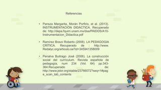 • Pansza Margarita, Morán Porfirio, et al. (2013).
INSTRUMENTACIÓN DIDÁCTICA. Recuperado
de: http://depa.fquim.unam.mx/dsa/PAIDOS/A10-
Instrumentacion_Didactica.pdf
• Ramírez Bravo Roberto (2008). LA PEDAGOGIA
CRÍTICA. Recuperado de : http://www.
Redalyc.org/articulo.oa?id=345941358009
• Penalva Buitrago José (2006). La construcción
social del currículum. Revista española de
pedagogía, num 234 (Vol. 64) pp.343-
364.Recuperado de:
http://www.jstor.org/stable/23766072?seq=1#pag
e_scan_tab_contents
Referencias
 