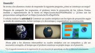 Desarrollo*:
Se invita a los alumnos a tratar de responder la siguiente pregunta ¿cómo se construye un mapa?
Después de compartir las respuestas, el profesor inicia la proyección de los videos: Forma,
medida y representación de la tierra en https://youtu.be/yPNsE9huZaU y “¿Cómo son las
proyecciones cartográficas? en https://youtu.be/1LxiNqnYA3w
Y solicita realizar la actividad 2: Construir un cuadro sinóptico con los tipos de proyección según
su modo de construcción, incluir ventajas y/o desventajas y esquematizar su construcción.
* Es el segundo momento en la organización de una situación de aprendizaje, en ella se elabora el conocimiento.
Ahora pide a los alumnos intercambiar su cuadro sinóptico con un compañero y, (de ser
necesario) corregirlo, al tiempo que el profesor construye su propio mapa en el pizarrón.
 