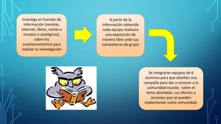 Investiga en fuentes de
información (revistas,
internet, libros, visitas a
museos o zoológicos),
sobre los
cuestionamientos para
realizar tu investigación
A partir de la
información obtenida
cada equipo realizara
una exposición de
manera libre ante sus
compañeros de grupo
Se integraran equipos de 6
alumnos para que diseñen una
campaña para dar a conocer a la
comunidad escolar, sobre el
tema abordado, sus efectos y
acciones que se pueden
implementar como comunidad.
 