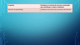 Propósito Participen en acciones de consumo sustentable
que contribuyan a cuidar el ambiente.
Situación de aprendizaje Cambios en los seres vivos y procesos de extinción
 