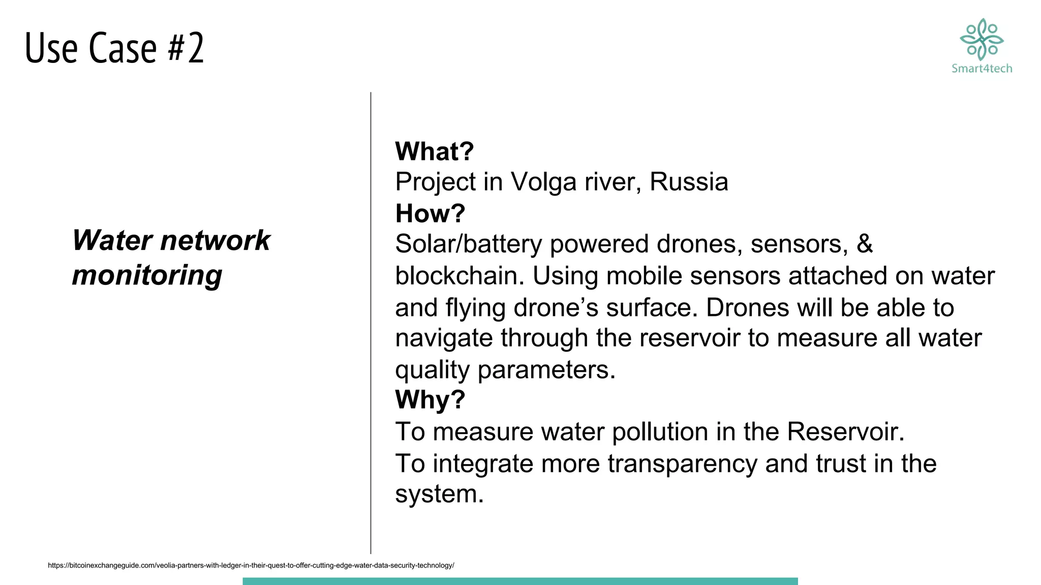 Use Case #2
What?
Project in Volga river, Russia
How?
Solar/battery powered drones, sensors, &
blockchain. Using mobile sensors attached on water
and flying drone’s surface. Drones will be able to
navigate through the reservoir to measure all water
quality parameters.
Why?
To measure water pollution in the Reservoir.
To integrate more transparency and trust in the
system.
https://bitcoinexchangeguide.com/veolia-partners-with-ledger-in-their-quest-to-offer-cutting-edge-water-data-security-technology/
Water network
monitoring
 