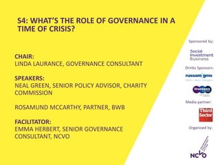 CHAIR:
LINDA LAURANCE, GOVERNANCE CONSULTANT
SPEAKERS:
NEAL GREEN, SENIOR POLICY ADVISOR, CHARITY
COMMISSION
ROSAMUND MCCARTHY, PARTNER, BWB
FACILITATOR:
EMMA HERBERT, SENIOR GOVERNANCE
CONSULTANT, NCVO
S4: WHAT’S THE ROLE OF GOVERNANCE IN A
TIME OF CRISIS?
 