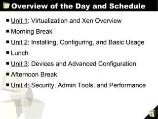 Overview of the Day and Schedule
■   Unit 1: Virtualization and Xen Overview
■   Morning Break
■   Unit 2: Installing, Configuring, and Basic Usage
■   Lunch
■   Unit 3: Devices and Advanced Configuration
■   Afternoon Break
■   Unit 4: Security, Admin Tools, and Performance



                                                       2
 