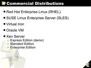 Commercial Distributions
■   Red Hat Enterprise Linux (RHEL)
■   SUSE Linux Enterprise Server (SLES)
■   Virtual Iron
■   Oracle VM
■   Xen Server
       Express Edition (demo)
       Standard Edition
       Enterprise Edition




                                          29
 