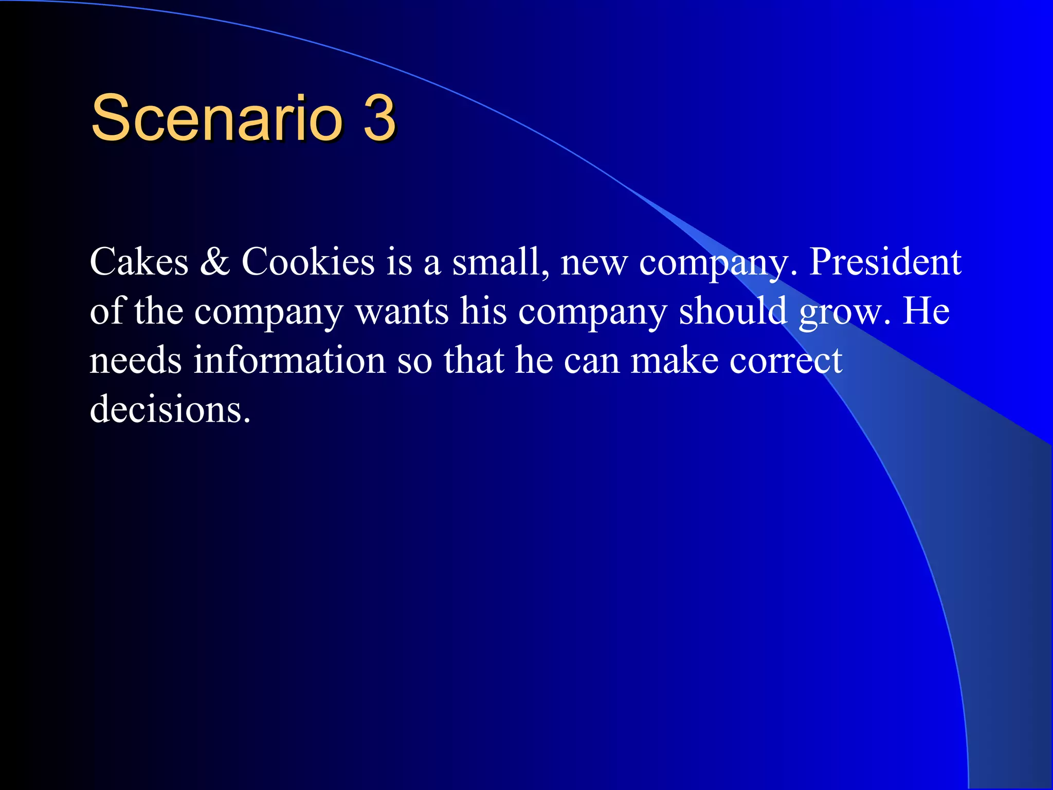 Scenario 3 Cakes & Cookies is a small, new company. President of the company wants his company should grow. He needs information so that he can make correct decisions. 