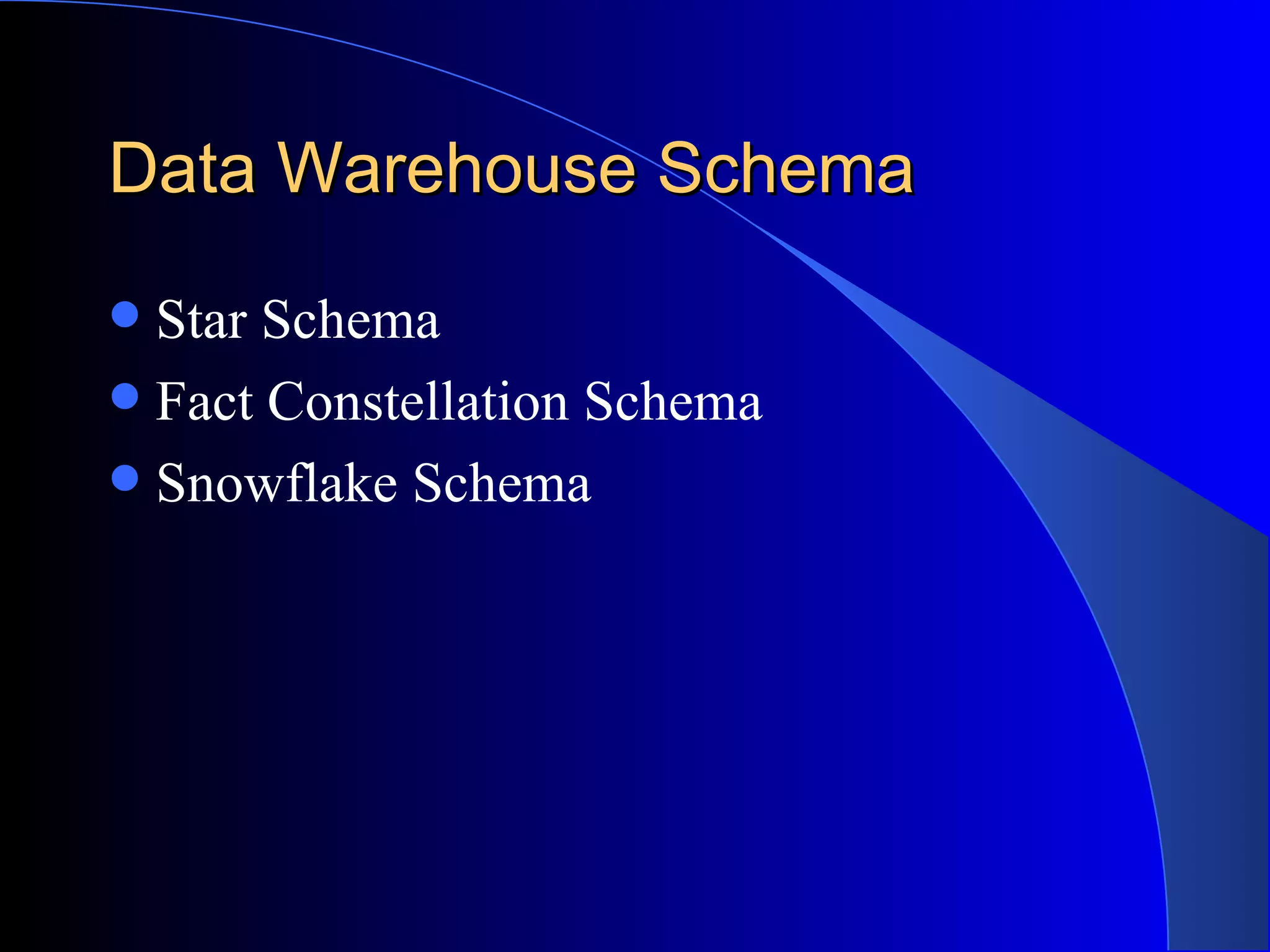 Data Warehouse Schema Star Schema Fact Constellation Schema Snowflake Schema 