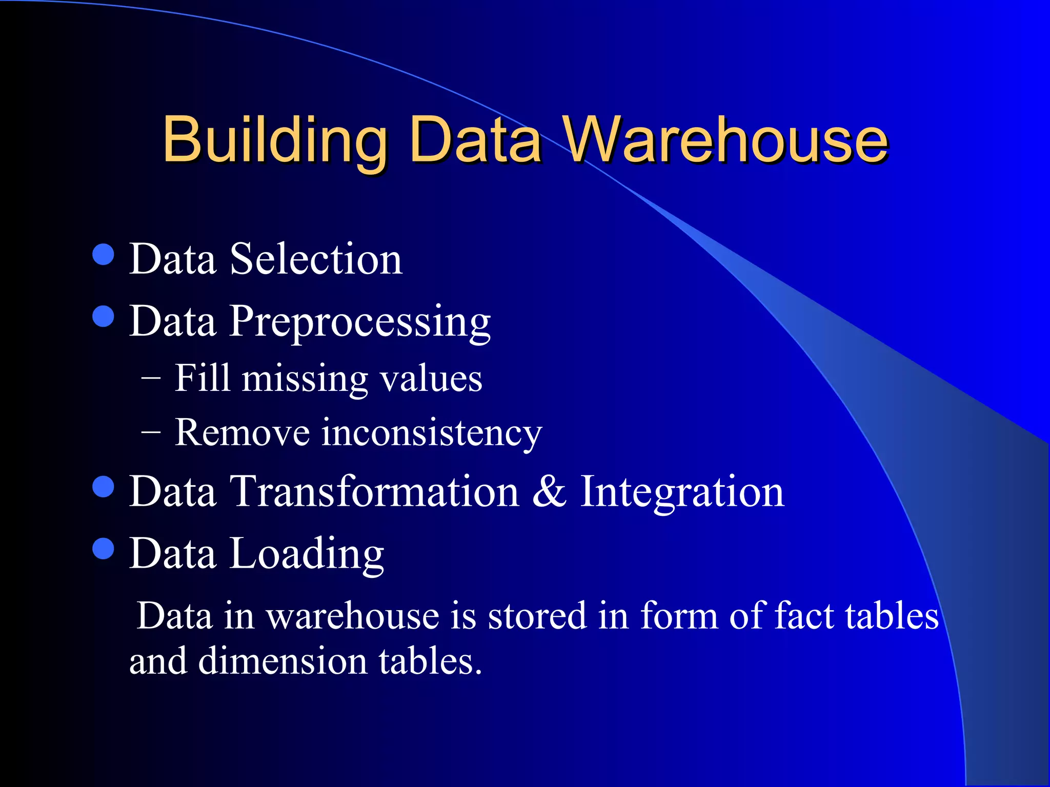 Building Data Warehouse Data Selection Data Preprocessing Fill missing values Remove inconsistency Data Transformation & Integration Data Loading Data in warehouse is stored in form of fact tables and dimension tables. 