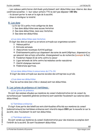 Prof Mr LAKHMIRI LA FISCALITE
Le Portail des Etudiants d’Economie fsjes-tanger.com
12
www.e-tahero.net
- Les cadeaux publicitaires distribués gratuitement sont déductibles sous réserve des deux
conditions suivantes : 1- leur valeur unitaire TTC ne doit pas dépasser 100 Dhs
- ils doivent porter le nom et le sigle de la société.
- Sinon à réintégrer la totalité
8- Les dons
- La loi sur IS a prévu trois catégories de dons
1- Des dons déductibles sans aucune limitation
2- Des dons déductibles, mais avec limitation.
3- Des dons non déductibles.
a) Les dons déductibles sans limitation
Il s’agit des dons en argent ou en nature octroyés aux organismes suivants :
1- Habous publics
2- Entraide nationale
3- Associations reconnues d’utilité publique
4- Etablissements publics qui dispensent des soins de santé (hôpitaux, dispensaire) ou
qui assurent des actions culturelles, d’enseignement ou de recherche (exemple la fac)
5- Fondation Hassan II de lutte contre le cancer
6- Ligue nationale de lutte contre les maladies cardio-vasculaires
7- Comité olympique marocain
8- Fédérations sportives.
b) Les dons déductibles à concurrence de 2 %0 CA
Il s’agit des dons octroyés aux œuvres sociales des entreprises ou privés.
c) Les dons non déductibles
Tous les autres dons (non cités ci-dessus) sont non déductibles.
9- Les jetons de présence et tantièmes :
a) Les jetons de présence
Ils sont des sommes allouées aux membres de conseil d’administration (et de conseil du
surveillance) par l’assemblé générale (ordinaire) sont assimilés fiscalement aux salaires (donc
déductibles).
b) Tantièmes ordinaires
Il s’agit d’une partie des bénéfices nets distribuables affectés aux membres du conseil
(administrateurs) les tantièmes ordinaires sont interdits depuis 2001 par la nouvelle loi sur la
société, donc fiscalement ils sont non déductibles.
c) Tantièmes spéciaux
Ils sont versés aux membres du conseil d’administration pour des missions accomplies dont
l’intérêt de la société. Ils sont fiscalement déductibles.
 