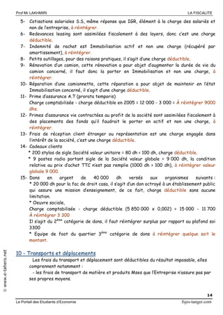 Prof Mr LAKHMIRI LA FISCALITE
Le Portail des Etudiants d’Economie fsjes-tanger.com
14
www.e-tahero.net
5- Cotisations salariales S.S, même réponse que IGR, élément à la charge des salariés et
non de l’entreprise, à réintégrer.
6- Redevances leasing sont assimilées fiscalement à des loyers, donc c’est une charge
déductible.
7- Indemnité de rachat est Immobilisation actif et non une charge (récupéré par
amortissement), à réintégrer.
8- Petits outillages, pour des raisons pratiques, il s’agit d’une charge déductible.
9- Rénovation d’un camion, cette rénovation a pour objet d’augmenter la durée de vie du
camion concerné, il faut donc la porter en Immobilisation et non une charge, à
réintégrer.
10- Réparation d’une camionnette, cette réparation a pour objet de maintenir en l’état
Immobilisation concerné, il s’agit d’une charge déductible.
11- Prime d’assurance A.T (prorata temporis)
Charge comptabilisée - charge déductible en 2005 = 12 000 - 3 000 = À réintégrer 9000
dhs.
12- Primes d’assurance vie contractées au profit de la société sont assimilées fiscalement à
des placements des fonds qu’il faudrait le porter en actif et non une charge, à
réintégrer.
13- Frais de réception client étranger ou représentation est une charge engagée dans
l’intérêt de la société, c’est une charge déductible.
14- Cadeaux clients
* 200 stylos de sigle Société valeur unitaire = 80 dh < 100 dh, charge déductible.
* 9 postes radio portant sigle de la Société valeur globale = 9 000 dh, la condition
relative au prix d’achat TTC n’est pas remplie (1000 dh > 100 dh), à réintégrer valeur
globale 9 000.
15- Dons en argent de 40 000 dh versés aux organismes suivants :
* 20 000 dh pour la fac de droit casa, il s’agit d’un don octroyé à un établissement public
qui assure une mission d’enseignement, de ce fait, charge déductible sans aucune
limitation.
* Oeuvre sociale,
Charge comptabilisée - charge déductible (5 850 000 x 0,002) = 15 000 - 11 700
À réintégrer 3 300
Il s’agit du 2ème
catégorie de dons, il faut réintégrer surplus par rapport au plafond soi
3300
* Equipe de foot du quartier 3ème
catégorie de dons à réintégrer quelque soit le
montant.
10 - Transports et déplacements
Les frais du transport et déplacement sont déductibles du résultat imposable, elles
comprennent notamment :
- les frais de transport de matière et produits Mses que l’Entreprise n’assure pas par
ses propres moyens.
 