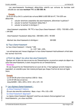 Prof Mr LAKHMIRI LA FISCALITE
Le Portail des Etudiants d’Economie fsjes-tanger.com
18
www.e-tahero.net
Les amortissements fiscalement déductibles relatifs aux voitures de tourisme sont
calculés sur une base maximum TTC de 200 000 dh.
Exemple
En 01-01-05 La Sté S a acheté des voitures BMW à 600 000 dh HT, TVA 20% non
déductible.
1- calculer dotations comptables des amortissements, déterminer le plafond ?
2- calculer le montant fiscalement déductible ?
3- calculer le montant à réintégrer ?
-Amortissement comptables : PR TTC x taux (taux d’amortissement = 20%) : 720 000 x 20%
= 144 000
-Amortissement fiscalement déductible : 200 000 x 20% = 40 000
-Montant des Amortissements à réintégrer : 104 000
b) Taux d’amortissement
Le taux d’amortissement = 1/durée * 100.
D = 1/5 * 100 = 20%.
Les entreprises sont tenues d’appliquer le taux d’amortissement habituellement utilisé dans
leur secteur d’activité.
c) Point de départ du calcul des amortissements
Quelque soit la date de mise en service de l’Immobilisation, on prend en compte de départ du
calcul des amortissements, la date d’acquisition de cet Immobilisation.
Remarque
En cas d’acquisition de l’Immobilisation en cours de l’ex, il faut appliquer prorata temporis,
cependant, on considère pour des raisons pratiques que chaque fraction de mois est égale
1mois.
Exemple
Le 29-04-05 achat d’une machine à 100 D = 5ans.
Le 01-07-05 mise en service
Annuité2005 = 100 x 20% x 9/12 = 20 x 3/4 = 15
3- Les régimes d’amortissement :
a)-Amortissement linéaire
On aura des annuités constantes = Base x taux = PR x 1/D x 100
b)-Amortissement dégressif
Le régime d’amortissement dégressif constitue une mesure d’encouragement aux
investissements ; on a deux sociétés :
 