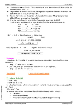 Prof Mr LAKHMIRI LA FISCALITE
Le Portail des Etudiants d’Economie fsjes-tanger.com
26
www.e-tahero.net
7- Subventions d’exploitations : Produits imposable (pour les subventions d’équipement, on
impose la partie virée : °)
8- Dégrèvement d’un impôt déductible est un produit imposable # et celui d’un impôt non
déductible est un produit non imposable.
9- Reprise / provision non déductible est un produit imposable # Reprise / provision
déductible est un produit non imposable.
10- Si la Sté veut réinvestir la totalité  Taux d’abattement est de 100 %
Si elle ne veut pas réinvestir la totalité  la démarche se déroule comme suit :
0 % ………..si…………….D ≤ 2 ans
25 % .............si……….. 2 < D ≤ 4 ans
50 % ……….si ………. 4 < D ≤ 8 ans
70 % ……….si……….........+ de 8 ans
 R.F = R.C + Réintégrations - Déductions
(C.N.D) (P.N.I)
= 245 825, 40 + 175 500 – 123000
R F = 298 325, 40
 R.F imposable = R.F - Reports déficitaires fiscaux
= 298 325,40 - 24 500
R F imposable = 298 325, 40
Remarque
 Les bases de l’IS, l’IGR, et la cotisation minimale doivent être arrondies à la dizaine
inférieure.
Exp. : 273 825 ,40  273 820.
 L’IS, l’IGR, ainsi que la CM doivent être arrondis au DH supérieur.
Exp. : 132 826 ,02  132 827.
Section3 La cotisation minimale
I- La base de la CM
IS = RF * 35%
Si le RF  0  IS = 0
La cotisation minimale est un minimum d’impôt que les sociétés doivent payer quelque soit le
sort fiscal.
CM = Base * Taux
La base de la cotisation minimale est égale à la somme des produits suivants :
- CA net HT
- Produits accessoires
- Produits financiers (abattement sur les produits de participation)
 