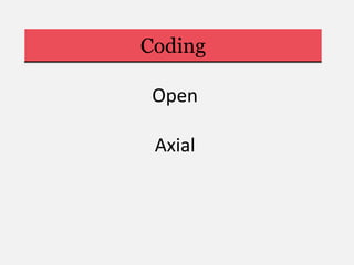 Coding
• allows you to reduce and classify the data generated
• the process of assigning a word or phrase to
segments of data (code should summarize that segment
of data) (Saldaña, 2009)
• code by hand or using CAQDAS
• approaches include:
– In vivo coding: relies on using participants’ exact
language to generate codes (Strauss, 1987).
– Descriptive coding: mainly uses nouns to summarize
segments of data (Saldaña, 2014).
– Values coding: focuses on conflicts, struggles, and
power issues (Saldaña, 2014).
• approach should be linked to your research purpose and
research questions
Open
Axial
 