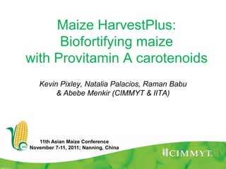Maize HarvestPlus:
      Biofortifying maize
with Provitamin A carotenoids
   Kevin Pixley, Natalia Palacios, Raman Babu
        & Abebe Menkir (CIMMYT & IITA)




   11th Asian Maize Conference
November 7-11, 2011; Nanning, China
 