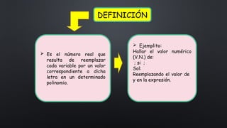  Es el número real que
resulta de reemplazar
cada variable por un valor
correspondiente a dicha
letra en un determinado
polinomio.
DEFINICIÓN
 Ejemplito:
Hallar el valor numérico
(V.N.) de:
; si ;
Sol:
Reemplazando el valor de
y en la expresión.
 