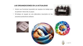 LAS ORGANIZACIONES EN LA ACTUALIDAD
• Inician sus funciones buscando ser equipos de trabajo pero
se parecen más al de un grupo.
• El trabajo en equipo es una alternativa recurrente en los
procesos productivos exitosos.
 