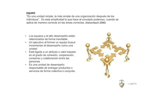 EQUIPO
“Es una unidad simple, la más simple de una organización después de los
individuos”. Es esta simplicidad lo que hace al concepto poderoso, cuando se
aplica de manera correcta en las áreas correctas. (Katzenbach 2000)
• Los equipos y el alto desempeño están
relacionados de forma inevitable.
• Un ejecutivo al formar un equipo busca
incrementar el desempeño como una
unidad.
• Está ligada a un atributo o valor basado
en el grado de cohesión, cooperación,
consenso y colaboración entre las
personas
• Es una unidad de desempeño
responsable de entregar productos o
servicios de forma colectiva o conjunta.
 