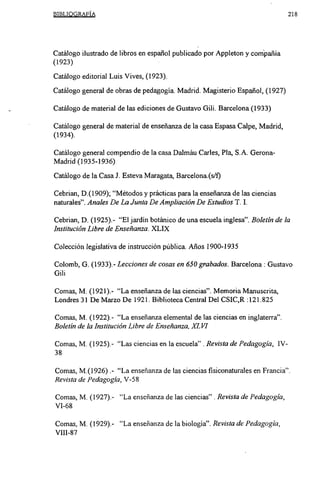 BIBLIOGRAFÍA                                                                  218




Catálogo ilustrado de libros en español publicado por Appleton y conipañía
(1923)

Catálogo editorial Luis Vives, (1923).

Catálogo general de obras de pedagogía. Madrid. Magisterio Español, (1927)

Catálogo de material de las ediciones de Gustavo Gui. Barcelona (1933)

Catálogo general de material de enseñanza de la casa Espasa Calpe, Madrid,
(1934).

Catálogo general compendio de la casa Dalmáu Caríes, Pía, SA. Gerona-
Madrid (1935-1936)
Catálogo de la Casa J. Esteva Maragata, Barcelona.(s/f)

Cebrian, D.(1909); “Métodos y prácticas para la enseñanza de las ciencias
naturales”. Anales De La Junta DeAmpliación De Estudios T. 1.

Cebrian, D. (1925).- “El jardín botánico de una escuela inglesa”. Boletín de la
Institución Libre de Enseñanza. XLIX

Colección legislativa de instrucción pública. Años 1900-1935

Colomb, 0. (1933).- Lecciones de cosas en 650 grabados. Barcelona: Gustavo
Gili

Comas, M. (1921).- “La enseñanza de las ciencias”. Memoria Manuscrita,
Londres 31 De Marzo De 1921. Biblioteca Central Del CSIC,R :121.825

Comas, M. (1922).- “La enseñanza elemental de las ciencias en inglaterra”.
Boletín de la Institución Libre de Enseñanza, XLVI

Comas, M. (1925).- “Las ciencias en la escuela” Revista de Pedagogía, IV-
                                                  .


38

Comas, M.(1926) “La enseñanza de las ciencias fisiconaturales en Francia”.
                  .-


Revista de Pedagogía, V-58

Comas, M. (1927).- “La enseñanza de las ciencias” Revista de Pedagogía,
                                                      .


VI-68

Comas, M. (1929).- “La enseñanza de la biología”. Revista de Pedagogía,
VIII-87
 