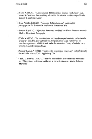 APÉNDICE 1                                                                       240




12.Rude, A. (1936).- “La enseñanza de las ciencias exáctas y naturales” en El
  tesoro del maestro. Traducción y adptación del alemán por Domingo Tirado
  Benedí. Barcelona: Labor

13.Ruiz Amado, R.(1920).- “Ciencias de la naturaleza” en Estudios
  pedagógicos. La Educación Intelectual. Barcelona: S/E.

14.Sensat, R. (1934).- “Ejemplos de nuestra realidad” en Hacia la nueva escuela
  Madrid. Revista de Pedagogía.

15.Valls, V. (1936).- “La enseñanza de las ciencias experimentales en la escuela
   primaria” en Libro guía del maestro. los problemas y los órganos de la
  enseñanza primaria. Didáctica de todas las materias. Obras alrededor de la
  escuela. Madrid : Espasa-Calpe

16.Wickersham, J.P. (1912).- “Instrucción en ciencias empírica?’ en Métodos De
  Instrucción. Nueva York: Appleton y Cía

17. Zorí, D. Beltrán, 1. (1934).- “Treinta lecciones de ciencias fisico-naturales”
   en 120 lecciones prácticas vividas en la escuela. Huesca Viuda de Justo
   Martinez
 